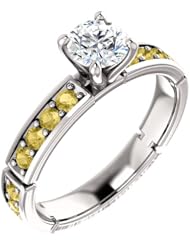 14K White Gold Round Cut White and Yellow Diamond Ring -- LIFETIME WARRANTY