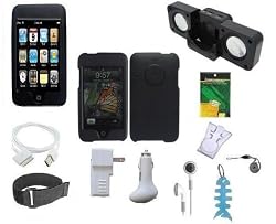 12 In 1 Accessory Bundle Combo for Apple Ipod Touch 2nd Generation and 3rd Generation 8GB 16GB 32GB: Black Rubberized Snap On Hard Case, Black Silicone Skin Case Cover, USB 2in1 Data Sync Cable, USB Car Charger, USB Wall Charger, 3.5mm Stereo Headset, Armband, Belt Clip, Landyard, Portable Foldable Speaker Dock, LCD Screen Protector and Baby Blue Fishbone Style Keychain