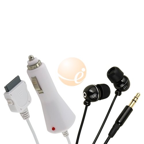3.5mm In-Ear Ball-Head Shape Headset + White Car Charger for Apple iPod iPhone iPhone 3G iPhone 3GS
