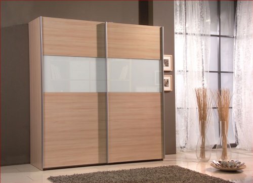 Schwebetürenschrank Juli in Buche / Glas Weiß 180cm Breit