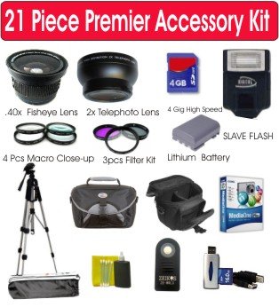 21 Piece Premier Accessory Kit with Corel MediaOne Plus Software + 4 GB Memory Card + Card Reader + Wireless Remote Control + Padded Camera Case + High Capacity Li-Ion Battery + Digital Slave Flash + .42x Fisheye Wide Angle Lens + 2X Telephoto Lens + 3 Piece Multi-Coated Filter Set + 4 Piece Close Up Set + 50Aluminum Tripod + Tripod Case + Camera Shoulder Strap + Universal Screen Protectors + 5 Piece Maintenance Kit + 110/220 Adapter for Sony Alpha A200, A230, A300, A330, A350, A380