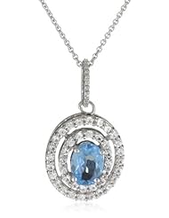 Sterling Silver Blue Topaz with Created White Sapphire and Diamond Oval Pendant Necklace, 18"