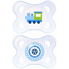Pack of 2 MAM Original Baby Dummies/ Soothers/ Pacifiers 0+ months TRAIN Blue/Green