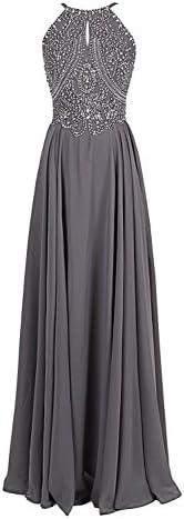 GLbridal Grey Halter Beaded Formal Dresses Backless Evening Prom Gowns US4