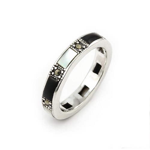 Round Marcasite Onyx And Mother Of Pearl Band Ring