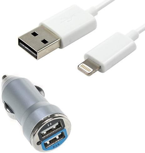 Apple Certified MFI EZOPower 8-Pin Lightning Data USB Cablefor iPhone 6 / 6 Plus / 5 / 5S / 5C, iPad Air 2 (iPad 6) / iPad Air (5) / iPad Mini 3 / Mini 2 / Mini 1st / iPad 4 / iPod Touch 5, Nano 7 + Silver 2-Port USB Car Charger Adapter
