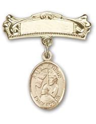 Gold Filled Baby Badge with St. Edwin Charm and Arched Polished Badge Pin