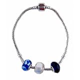"Pandora" Style Starter Bracelet (B304) + 3 Beads - 9" (23 cms) - Silver Tone Metal ~ Cobalt & Silver