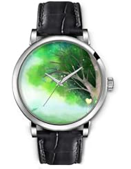 SPRAWL Aanalog Fashion Series Silver Ladies Watches of Genuine Black Leather Strap,Unique Wrist Watch for Women Girls Designed with Green Tree in the Snow