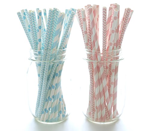 Boy/Girl Baby Shower Straws, Pink & Blue Paper Straws (50 Pack) - Twins or Unisex Straws, Barbershop Striped Straws, Baby Shower Party Favors
