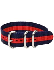 18mm Premium 3-ring Urban (Stainless Steel) Striped Navy Blue / Red Military Style Nylon Watch Strap - Fits All Watches!!!