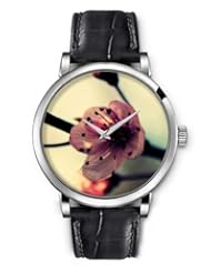 SPRAWL Aanalog Fashion Series Silver Ladies Watches of Genuine Black Leather Strap,Unique Wrist Watch for Women Girls Designed with Lily flower with black stem