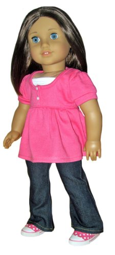 Pink Dot Sneaker Flats, Hot Pink Babydoll Top, and Jeans. Doll Clothes Fit 18