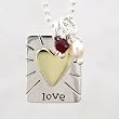 Rectangular LOVE Pendant in Sterling Silver with Brass Heart and Garnet and Pearl Beads on 18" Ball Chain, #8912
