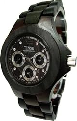 Tense Wood Mens Watch Dark Sandalwood Tri-Dial Hour Day Time G4300D