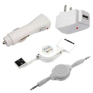 USB Home Charger + USB Car Charger + USB Data Cable + 3.5mm Retractable Stereo Audio Cable for... by 