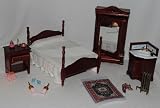 17 tlg. Set Schlafzimmer Schlafstube Maßstab 1:12 _ HOLZ Bett / Schrank Möbel Set Nostalgie Miniatur für Puppenstube Puppenhaus Kommode Zubehör rotbraun braun Spiegel