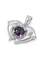 Friends For Life Twin Dolphin Pendant Amethyst Cubic Zirconia Sterling Silver 925