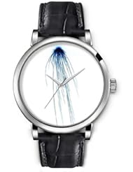 SPRAWL Aanalog Fashion Series Silver Ladies Watches of Genuine Black Leather Strap,Unique Wrist Watch for Women Girls Designed with Simulation of a blue jellyfish