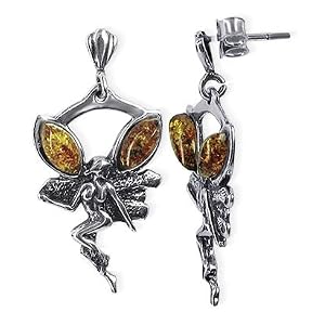 Charming Fairy Amber Sterling Silver Post Back Drop Earrings