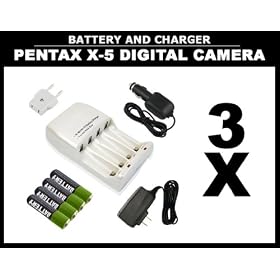 (3) Battery and Charger Kits for The New Pentax X5 Digital Camera Includes 4 Batteries + USA To Europe Adapter, Works In A Car
