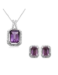 Sterling Silver Octagon Amethyst and Diamond Pendant And Earring Box Set