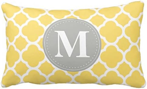 Grey Monogram Yellow Quatrefoil Pattern Throw Pillows 50% Cotton 50% Polyester 20 x 30 inches Pillowcase
