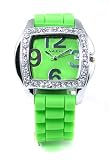 Lime Green Silicone Ceramic Style Watch with Soft Flexible Band with Matching Square Watch Face Surrounded with Sparkly Rhinestones