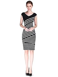 V-neck Cotton/Polyester Fitted Striped Print Evening Dress/Prom Dress/Party Dress/Wedding Dress/Midi Dress 