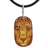 10k Yellow Gold Carved Amber Cheetah Pendant w  Diamond Accent Bale and Silk Cord (1 20 cttw, I...