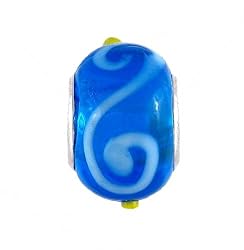 Pandora Style Charm Bead (Z290) Lampwork Glass Style (14mm x 10mm) (fits Troll too) ~ Blue with White Swirls and Yellow Dots