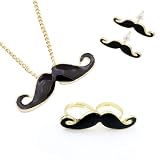 Mustache Jewelry Set - Necklace with Mustache Pendant, Mustache Earrings and Double Mustache Ring. The Retro Jewelry Set 4 Pieces + Alcohol Pad