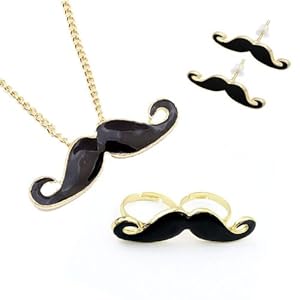 Mustache Jewelry Set - Necklace with Mustache Pendant, Mustache Earrings and Double Mustache Ring. The Retro Jewelry Set 4 Pieces + Alcohol Pad