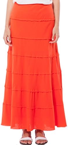 VOGLLY Women's Solid Gypsy Boho A Line Lined Tiered Full Maxi Long Cotton Skirt Size 4 US Orange