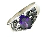 1/2 Carat Violet Purple Amethyst, 4-prong Round Oval Shape, Filigree Textured Band & Black Marcasite Accented Engagement Ring, 925 Sterling Silver Band, Size 6.5