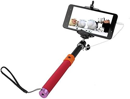 POLEND Self Portrait Extendable Handled Stick with Cable of Adjustable Phone Holder &amp; Built-in Remote Shutter Designed for Iphone 6 5s 5c 5 4s 4 Samsung Galaxy Mobile Cell Phone (Red)