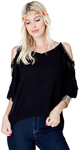 Orange Creek Women's Crochet Cold Shoulder Lace Crinkle Chiffon Blouse Black Medium