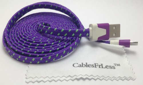 CablesFrLess (TM) 6ft Flat Braided Micro USB Charging / Data Sync Cable fits most Android Phones and Tablets Samsung Galaxy S3 S4 Reverb Note Tab Google Nexus Kindle Nokia Lumia HTC One ASUS LG G2 Pantech Blackberry Motorola Sony Xperia etc. (Purple)