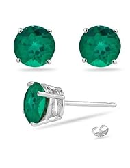 0.20 Cts of 3 mm AAA Round Russian Lab Created Emerald Stud Earrings in 14K White Gold-Screw Backs