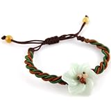 Irridecent White And Green Accent Jade Stone Flower And Beads - Copper Orange Green Brown Braided Adjustable Bracelet