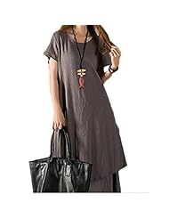 Linen Short Sleeves Round Neck Belted Summer Maxi Dress 