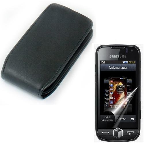 GadgetsNTechs Pack of 2 - Black Leather Top Flip Case Cover and Ultra Clear Screen Protector for Samsung Jet S8000