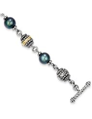 Genuine Sterling Silver & 14K Yellow Gold 7.5-8 mm Freshwater Cult Black Pearl 8 Inch Bracelet 14.1 Grams Of Gold