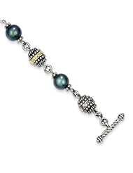 Sterling Silver W/14k 7.5-8mm Freshwater Cult Black Pearl 8in Bracelet, Best Quality Free Gift Box Satisfaction Guaranteed