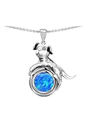 Original Star K (tm) Dog Lover Pendant with October Birthstone Created Blue Opal in 925 Sterling Silver