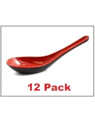 (12 Pack) Asian Red and Black Melamine Soba, Rice Spoons / Chinese Won Ton Soup Spoon