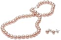 Sterling Silver Pink Freshwater Cultured Pearl 6-6.5mm Girl's Necklace and Earring Set, 15"
