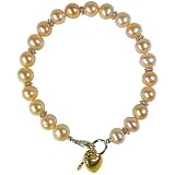 Key to My Heart Peach Pink Cultured Pearl Charm Bracelet in 18k Yellow Gold Overlay Sterling Silver (7")