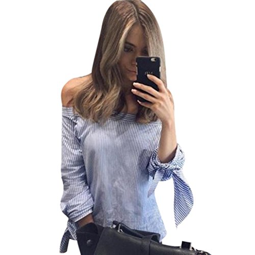 Sunward(TM) Women's Sexy Blue Bow Off Shoulder Blouse (Large, Blue)
