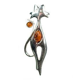 Honey Amber and Sterling Silver Cat Slim Pin